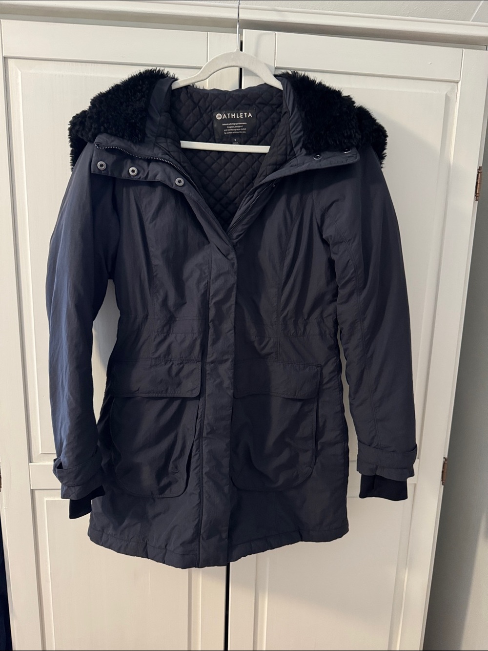 Athleta Black Quilted-Lined Trench Parka with attached Faux-Fur Hood